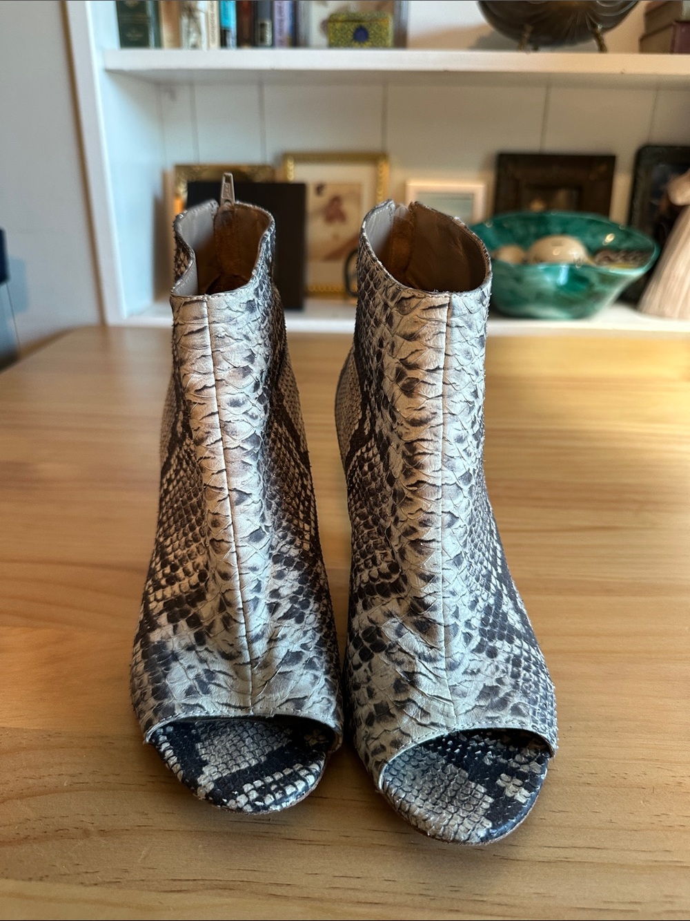 Women's Snake-Print Peep-Toe Ankle Boots in Gray